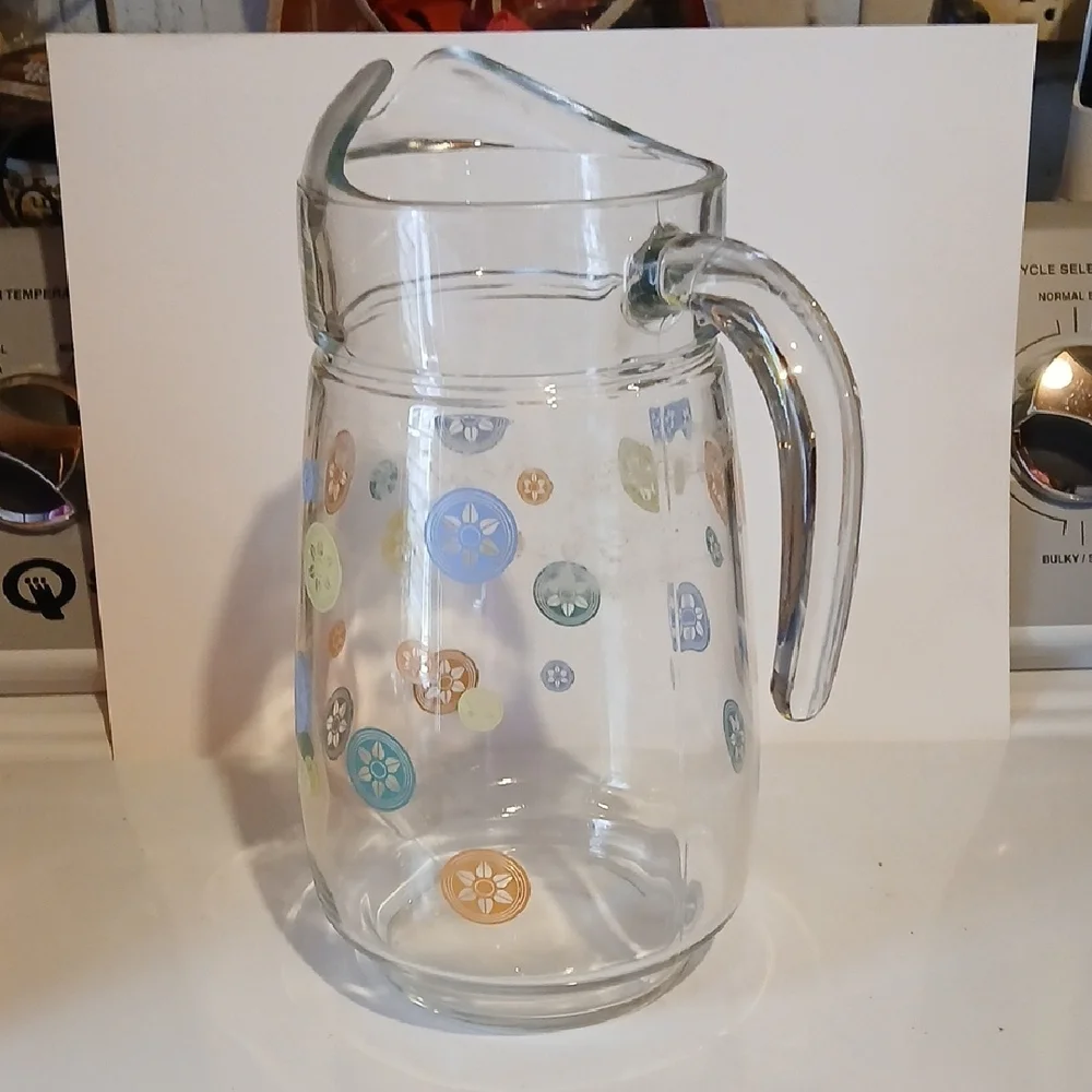 Vintage 80s Glass Pitcher with Colorful Floral Design